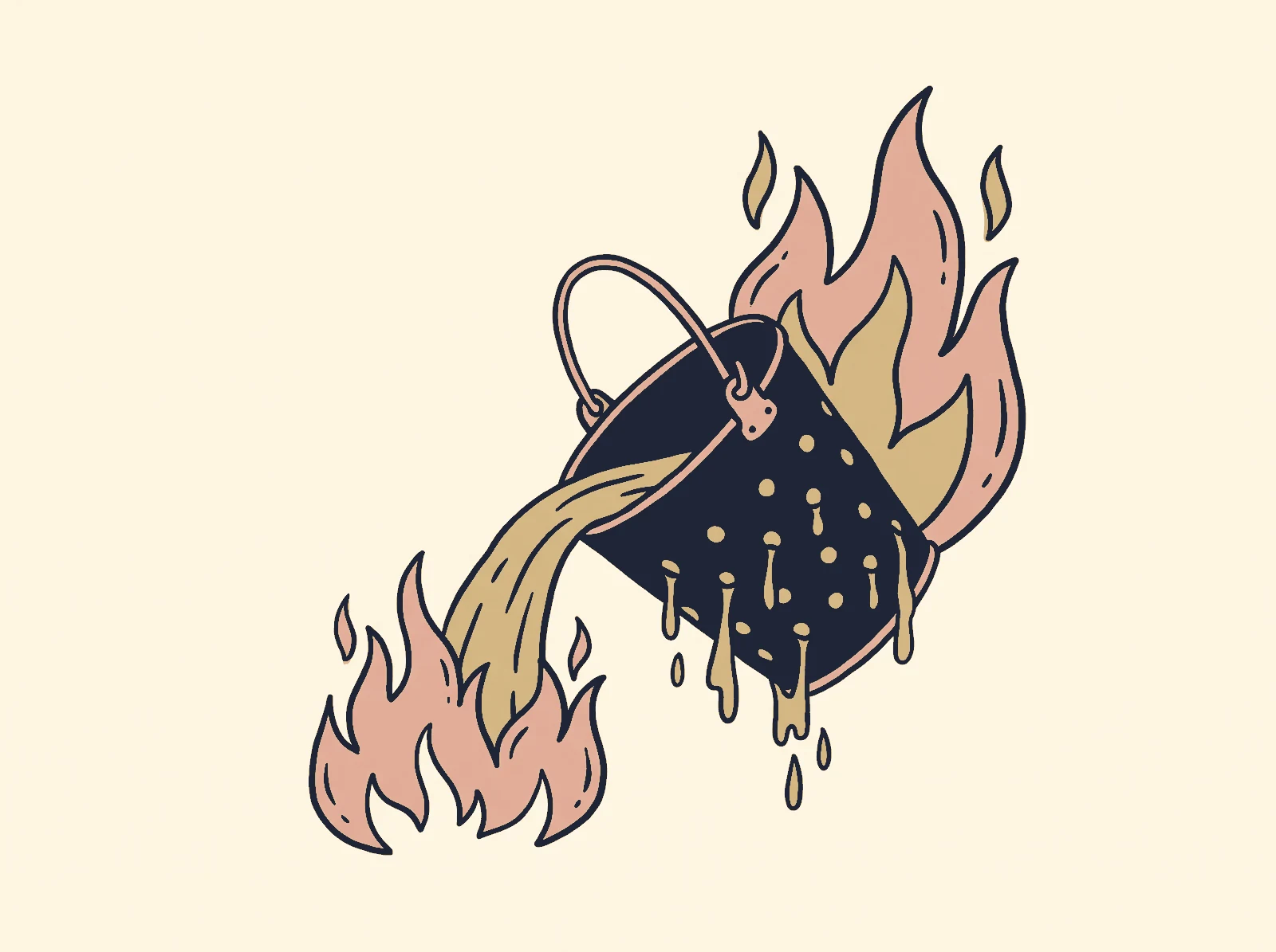 Ilustração de um balde furado despejando água sobre um fogo que volta a subir