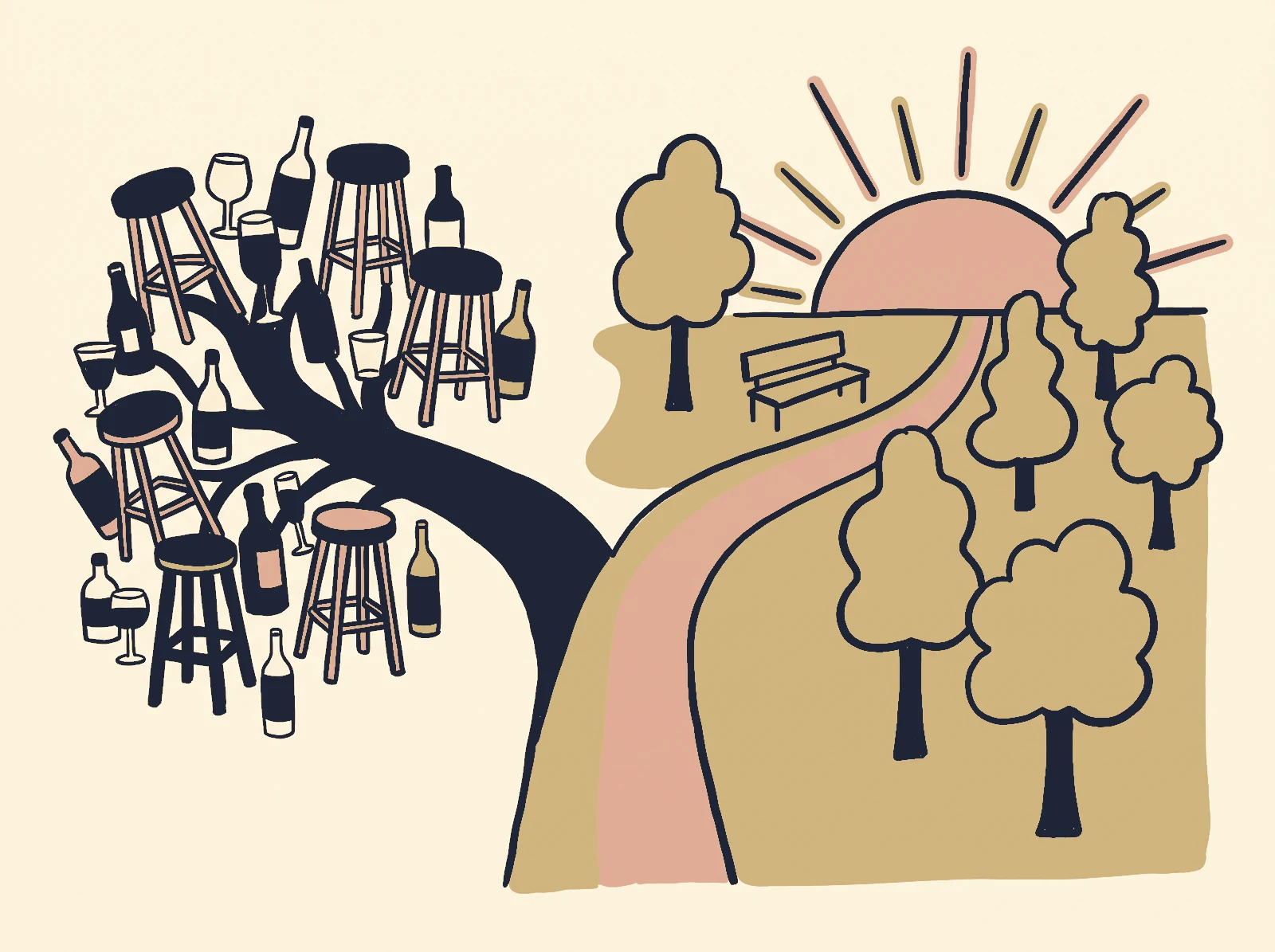 Bifurcação: de um lado banquetas e garrafas, do outro um parque ao amanhecer