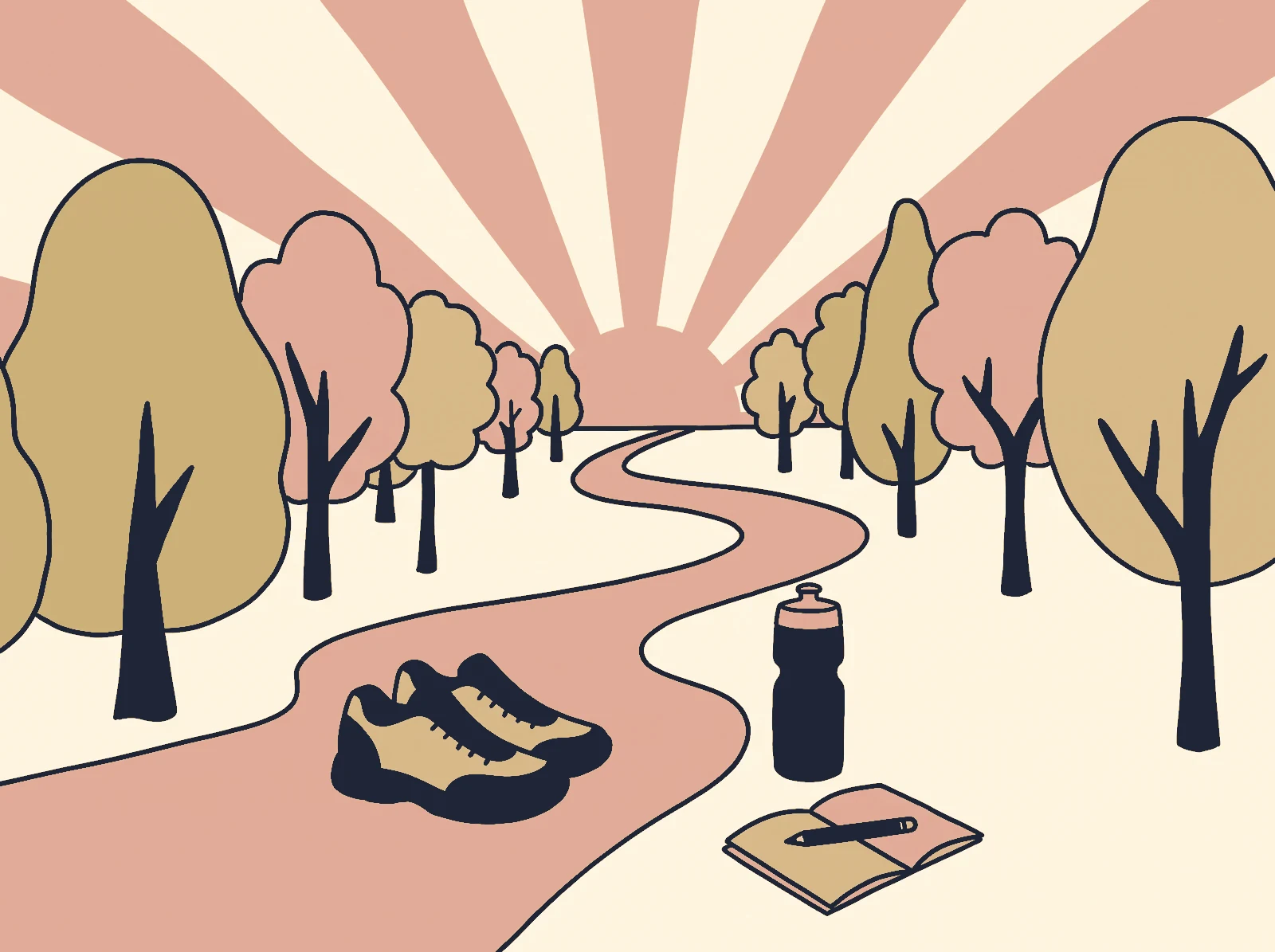 Caminho de parque ao amanhecer com tênis, garrafa de água e um caderno
