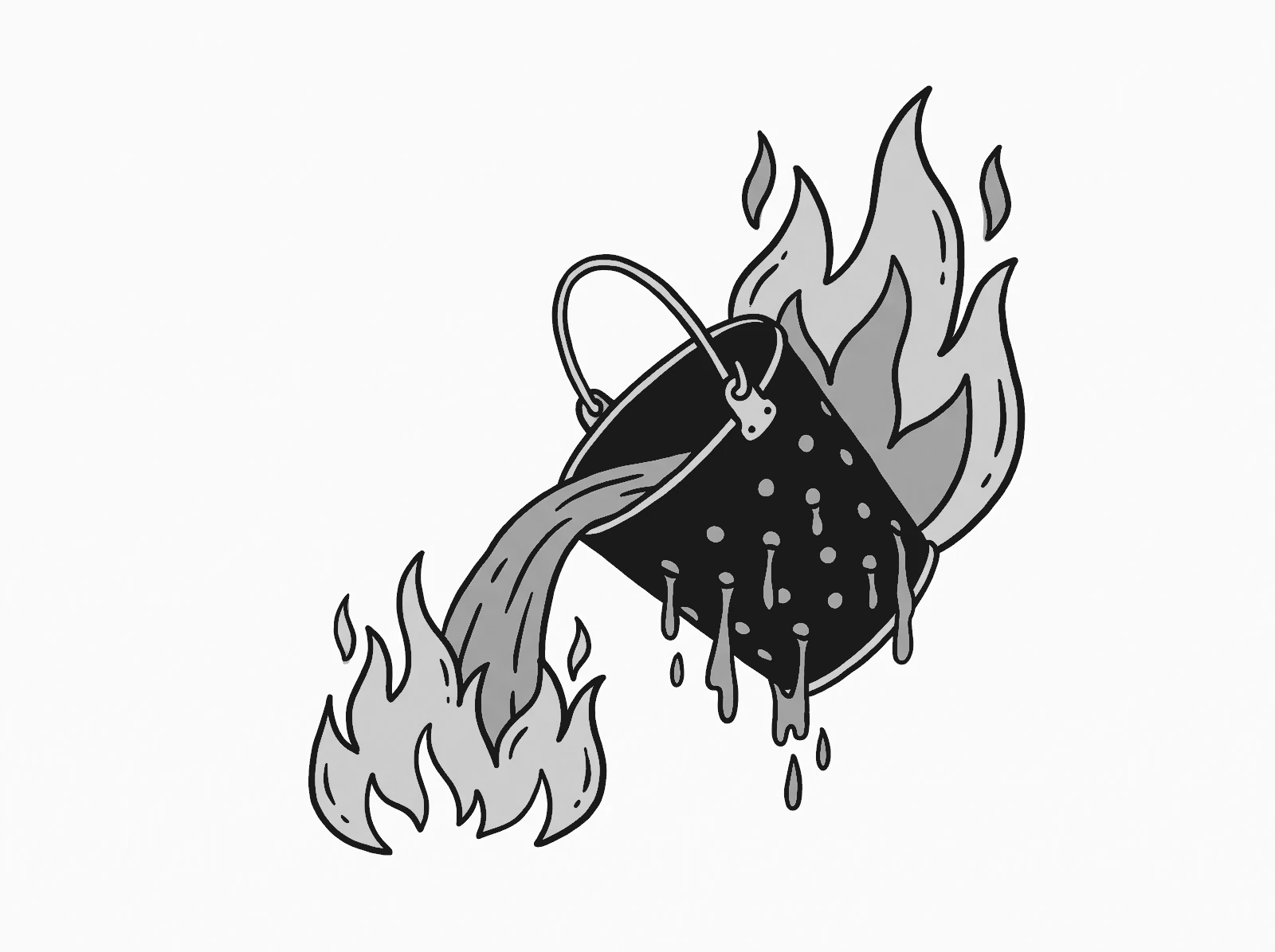 Ilustração de um balde furado despejando água sobre um fogo que volta a subir