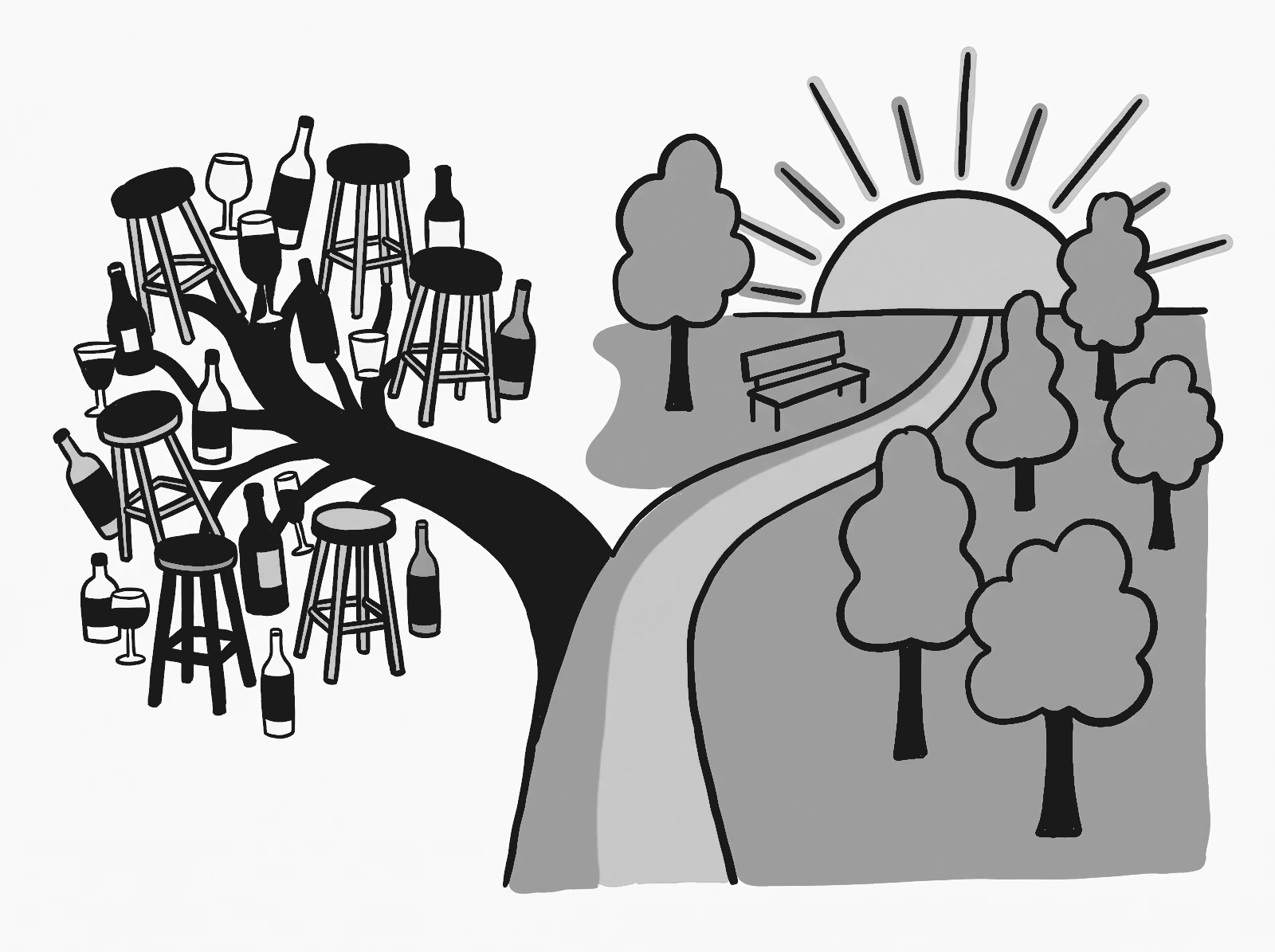 Bifurcação: de um lado banquetas e garrafas, do outro um parque ao amanhecer