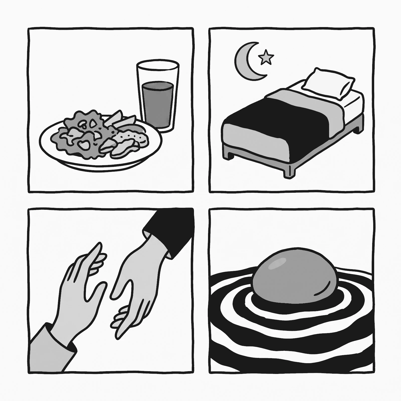 Quatro quadros: um prato com água, uma cama sob a lua, duas mãos que se aproximam e uma pedra sobre a água calma