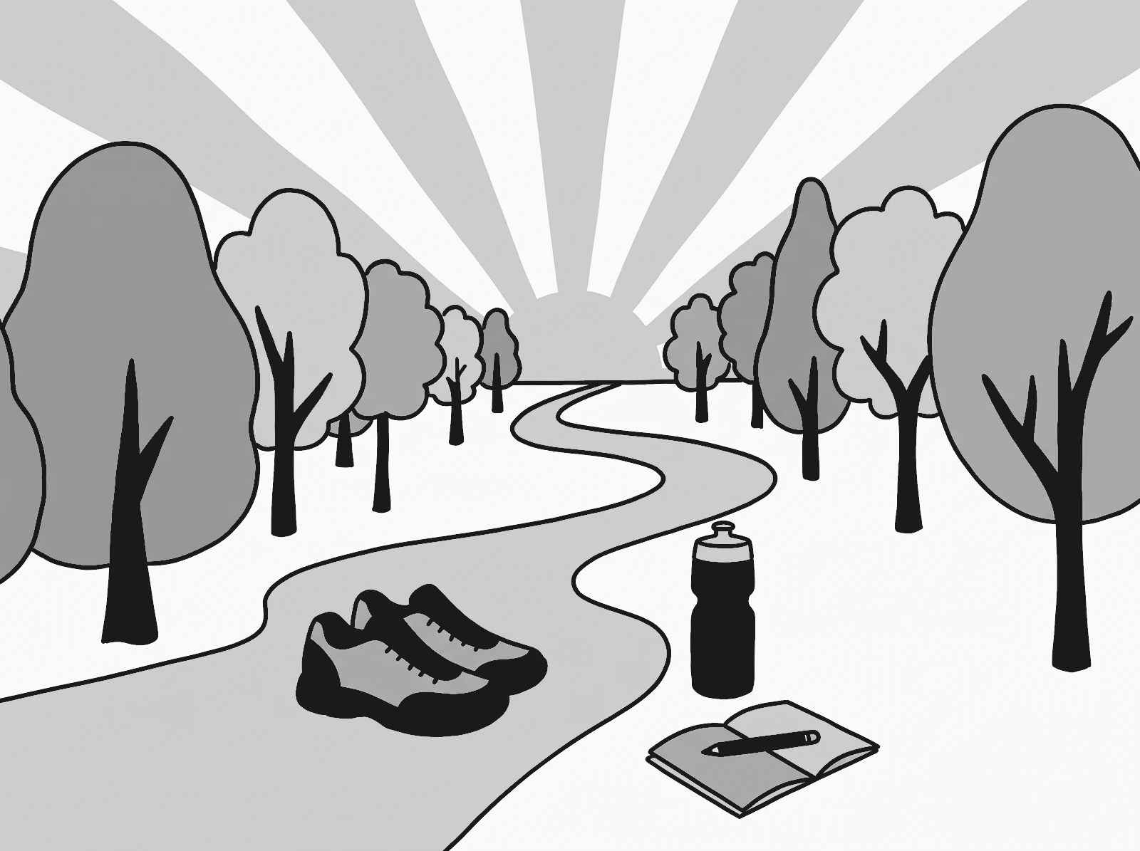 Caminho de parque ao amanhecer com tênis, garrafa de água e um caderno