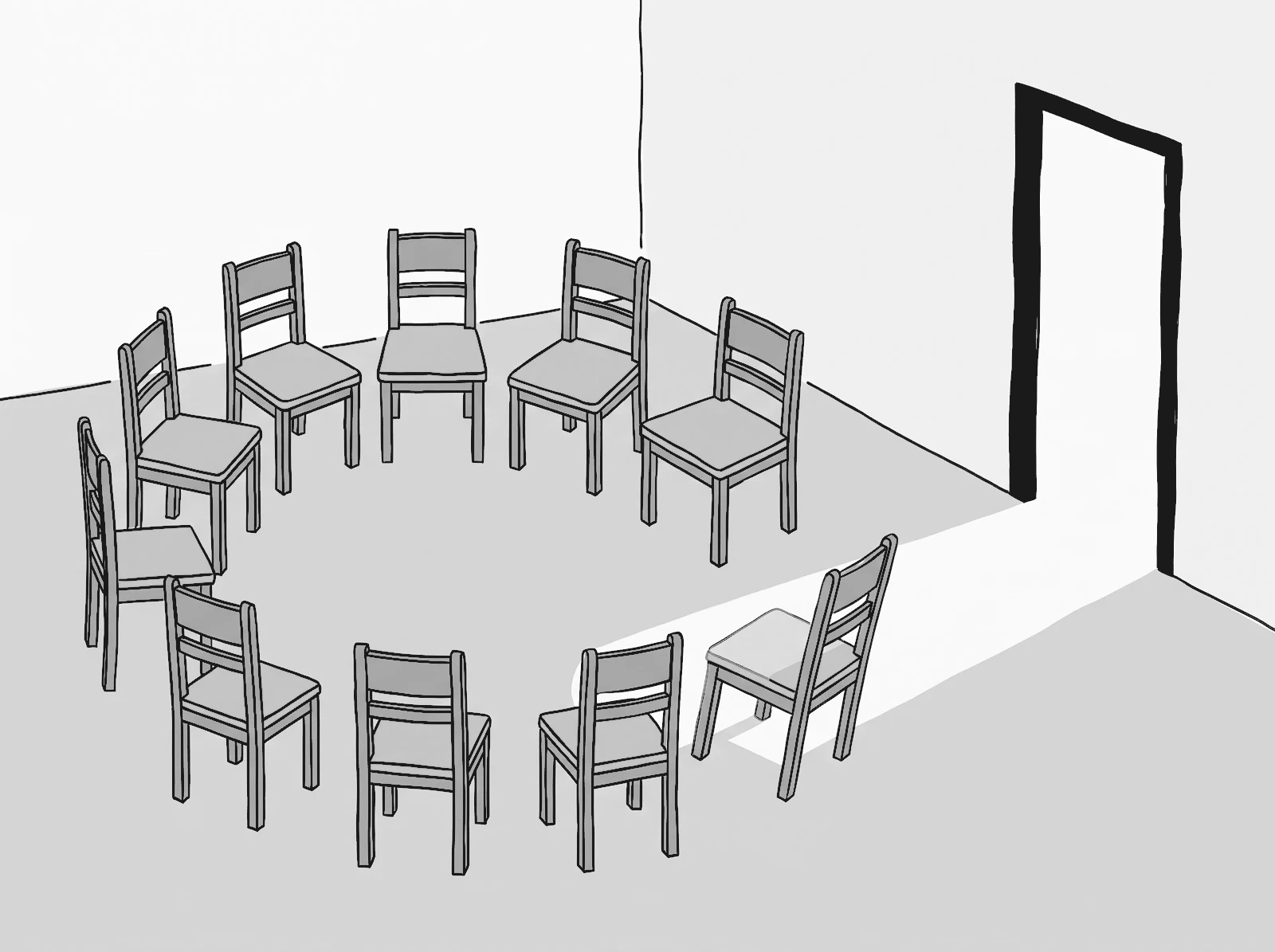 Ilustração de uma roda de cadeiras vazias em uma sala com a porta aberta