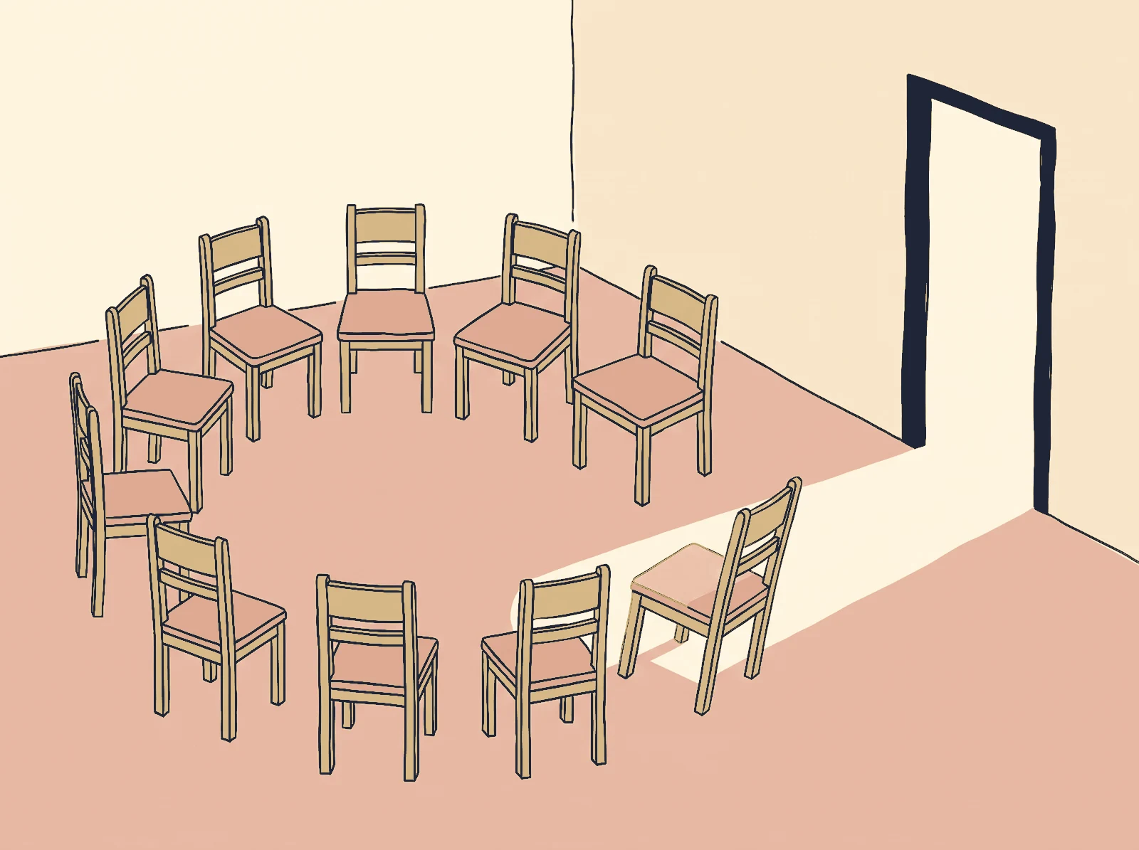 Ilustração de uma roda de cadeiras vazias em uma sala com a porta aberta